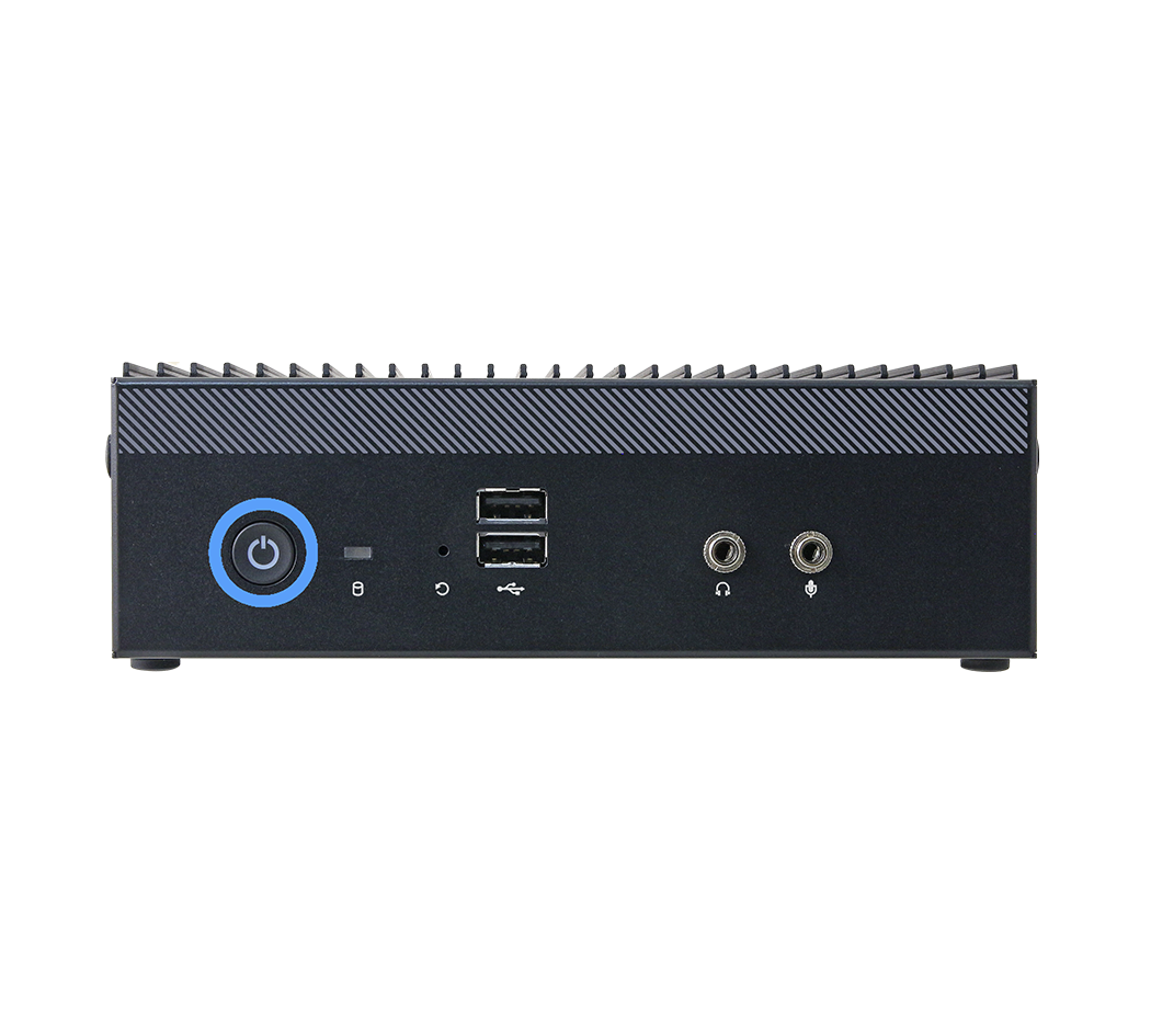 Frontpanel på mini-pc med porte og tændknap