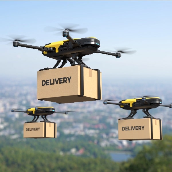 Droner leverer pakker over bylandskab