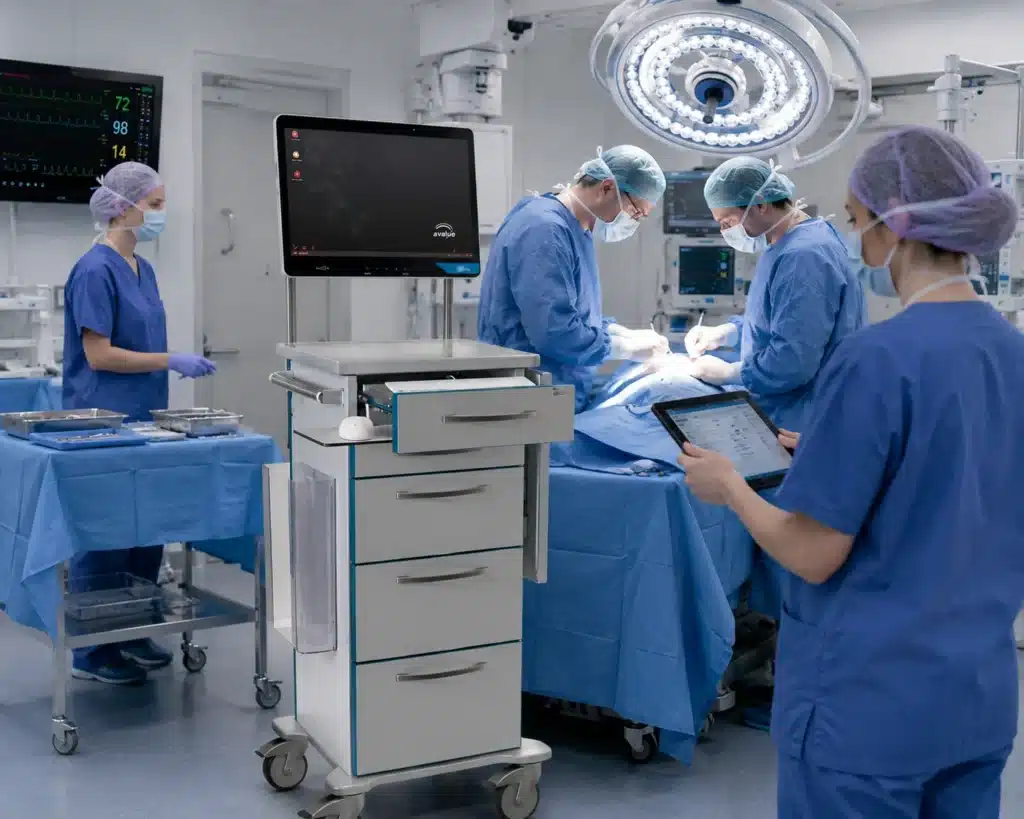 Surgeons and nurses in a modern operating theatre with advanced equipment.