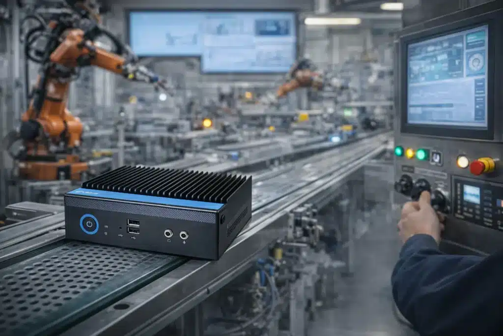 Compact industrial PC on a conveyor belt in a modern factory.