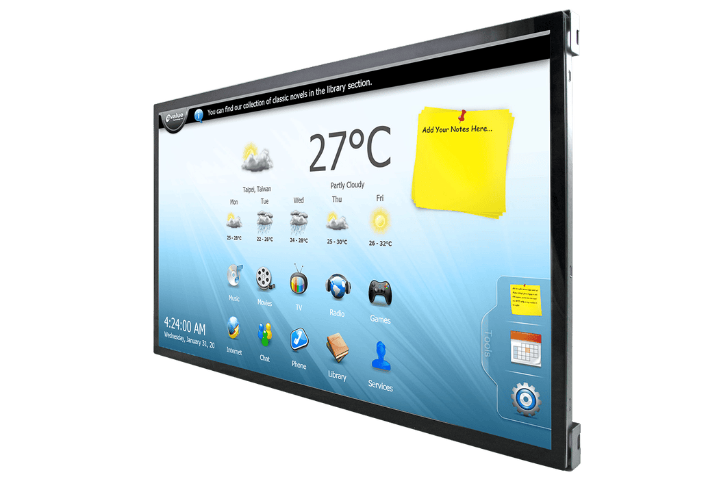 Interactive screen with weather and app icons