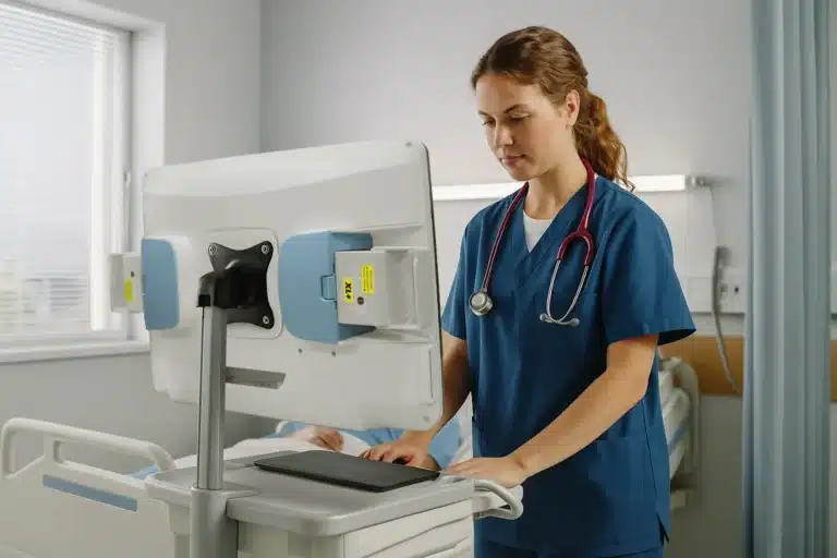 Sygeplejerske arbejder ved computer på hospitalstue