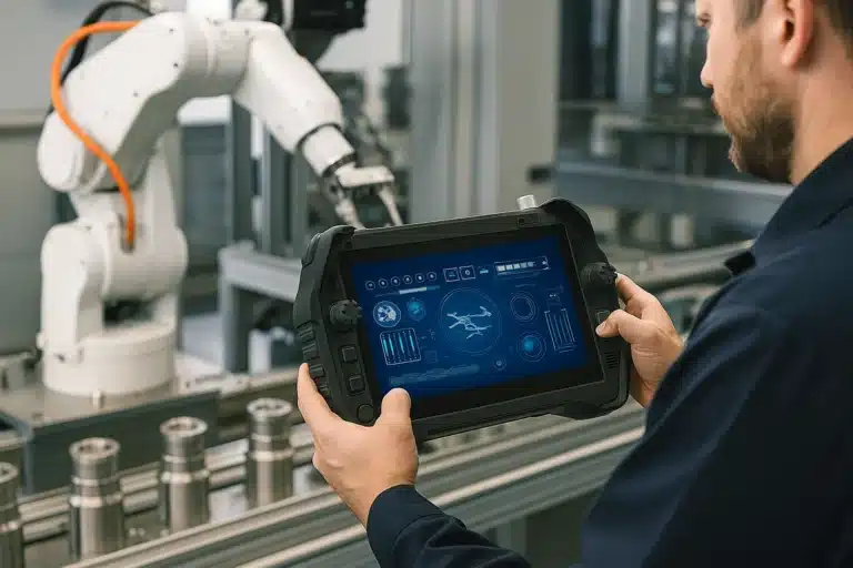 Tekniker styrer industrirobot med tablet